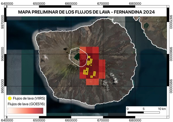 Carte préliminaire de la zone d’occupation par les coulées de lave sur le volcan Cumbre (île Fernandina, Galápagos).